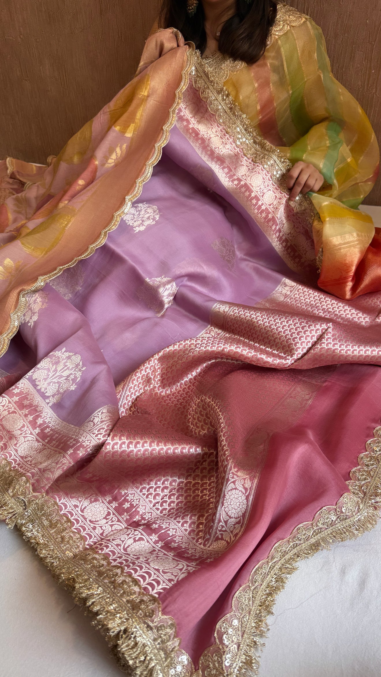 Kora silk dye contrast border saree kadhwa saree with moonga silk duppata